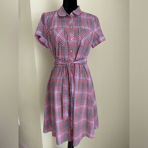 EUC Tommy Hilfiger Checked Cotton Fit Flare Belted Dress Front Button